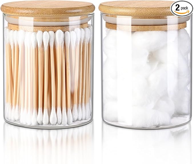 FrutPunch Glass Qtip Holder Dispenser with Bamboo Lid, 2 Pack Apothecary Jars with Lids, Cotton&Swab Apothecary Jars, Qtip Holder Bathroom Set for Countertop Bathroom Essentials Accessories Decor