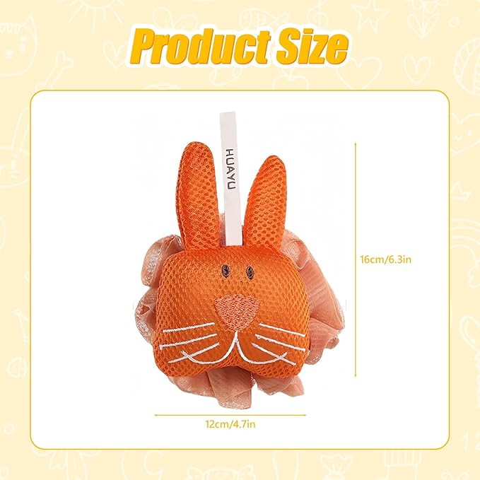 Kids Loofah, Cute Cartoon Animal Kids Bath Sponge with Hanging Rope, Soft Double Mesh for Rich Lather (Little Orange Rabbit)