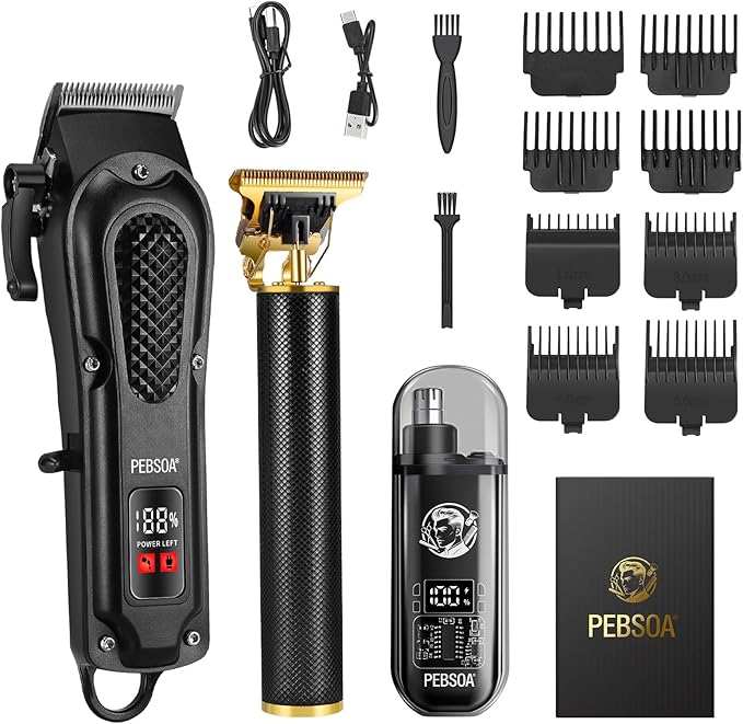 pebsoa® Men's Professional Hair Clippers Kit，Cordless & Corded Barber Clippers Set，Grooming Rechargeable Beard Trimmer with Adjustable Blade Black