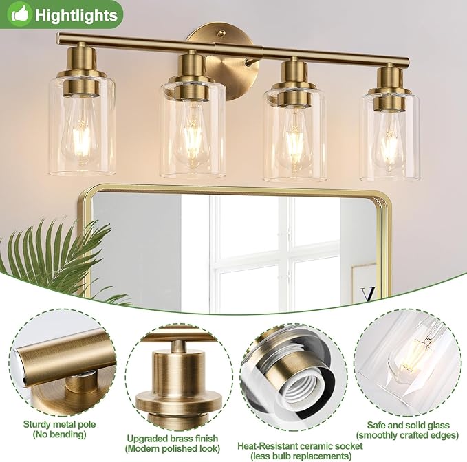 Zarbitta 4-Light Bathroom Light Fixtures, Brushed Brass Modern Vanity Lights with Cyan Glass Shades, Bathroom Wall Lamp for Mirror Kitchen Living Room