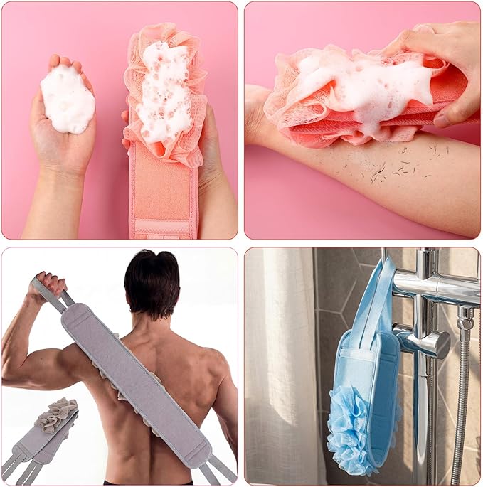 Acellegic 4 Pcs Exfoliating Back Scrubber for Shower Double Sided Exfoliating Washcloth with Strap Long Body Scrub Sponge Shower Loofah with Handle for Women Men Body Washing (Pastel Color)