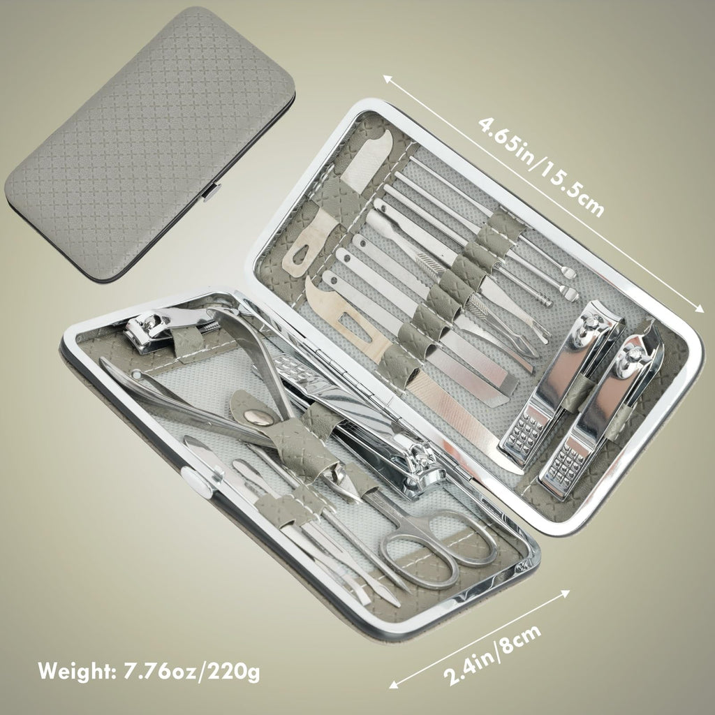 Manicure Set - 19 in 1 Professional Nail Clippers Pedicure Kit, Manicure Tool Kit, Stainless Steel Facial Grooming Set Kit, Gift Idea for Women, Men, Girls, Teens, Grey