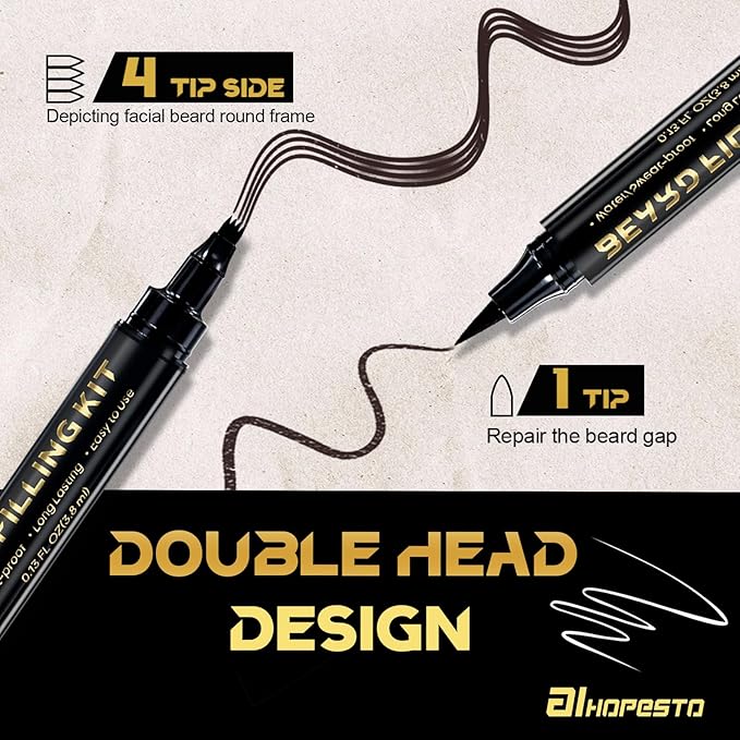 Beard Pen Beard Pencil Filler for Men Beard Filler 4 Tip Pen for Natural Looking Beard 2PCS Beard Pencil & 1PCS Double Head Beard Brush Double Head Four Fork Eyebrow Pencil Eyeliner (Dark Brown)