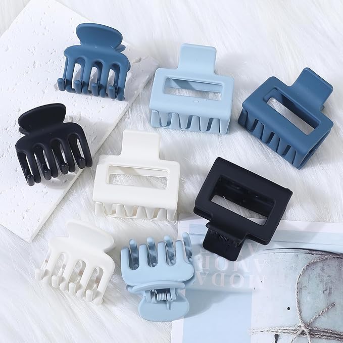 Medium Hair Clips Combination 2 Styles Small Claw Clips for Thin Hair 8 Pcs Matte Non-slip Rectangle Jaw Clips Square Hair Accessories for Women and Girls (Blue)