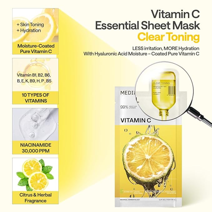 Mediheal Essential Face Mask [Vitamin C] Clear Toning 10 pcs. with 99% Purity Vitamin C & 10 Vita Actives for Radiance & Hydrating Glow & Vitalizing- Korean Skin Care & Vegan Formula Korean Sheet Mask