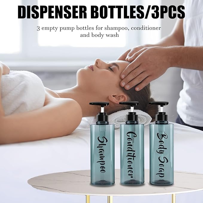 AUMIO 16.9oz Refillable Shower Soap Dispenser with Pump - 3 Chamber No Drill for Shampoo, Conditioner & Body Wash, Blue Clear Plastic Bottle Dispenser, Bathroom Organizer with 6 Waterproof Labels