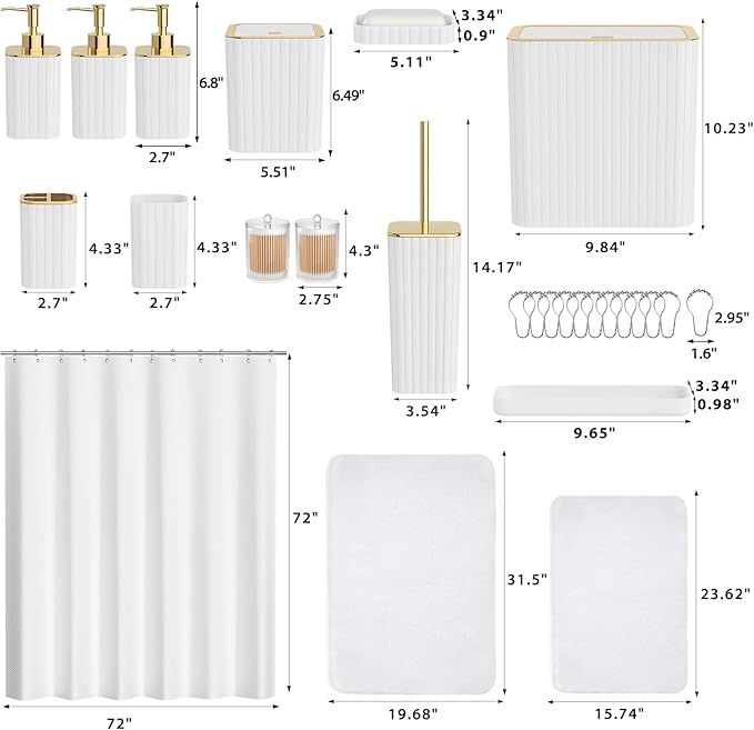 InnJoey Bathroom Accessory Set - Bathroom Set, 27PC Bathroom Accessories Set, White Bathroom Sets with Shower Curtain and Rugs, Mini Trash Can, Toilet Brush, Trash Can & Soap Dispenser