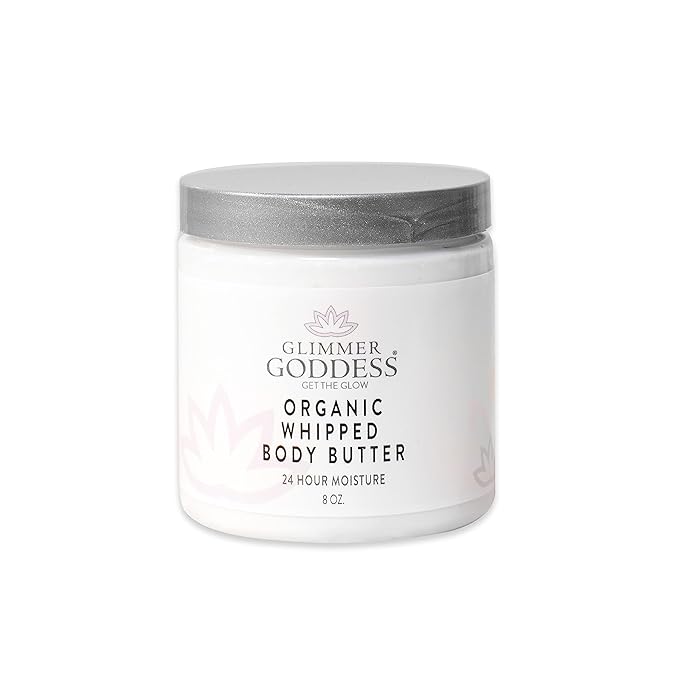 Glimmer Goddess Organic Whipped Body Butter for Women - Moisturizer Cream with Shea & Cocoa Butter, Almonds & Coconut Oil - Rose Geranium Lavender, 8oz