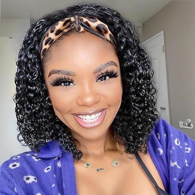 Headband Wig Human Hair Wigs for Black Women Put on and Go Glueless Wig Curly Human Hair Wig Natural Color Headband Wigs Human Hair 10inch