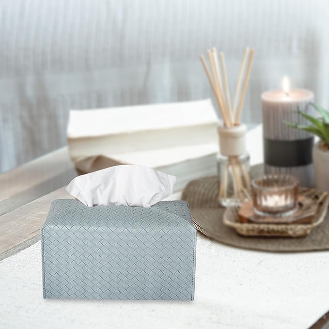 Tissue Box Cover PU Leather Tissue Holder Square Facial Tissue Case Facial Paper Organizer Dispenser for Bathroom, Vanity Countertop, Tabletop, Car, Rectangle, PowderBlue