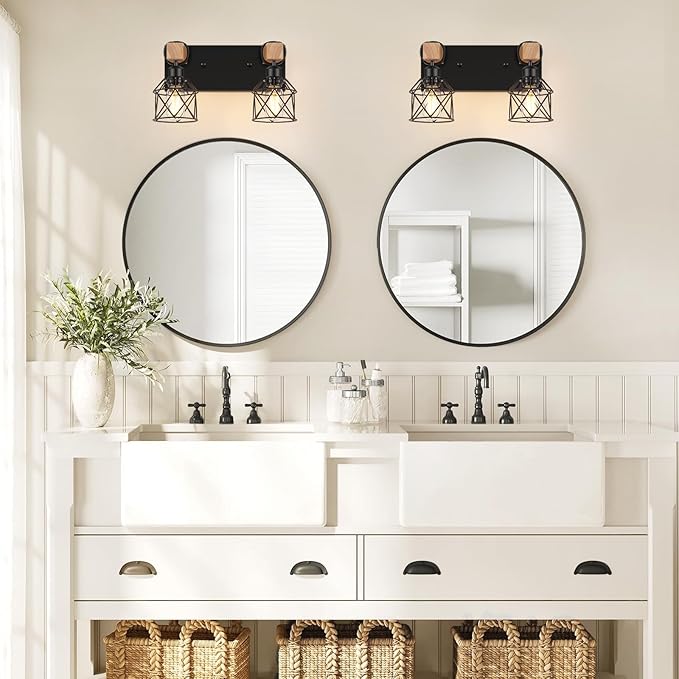 FadimiKoo 2-Light Bathroom Light Fixtures, Farmhouse Wood Vanity Wall Light
