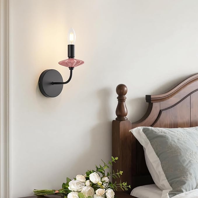 Modern Retro Wall sconces Set of Two with Pink Ceramic Flower Decoration,Black Wall Lights, Hardwired Vintage Vanity Light for Bathroom, Living Room, Bedroom, and hallways.