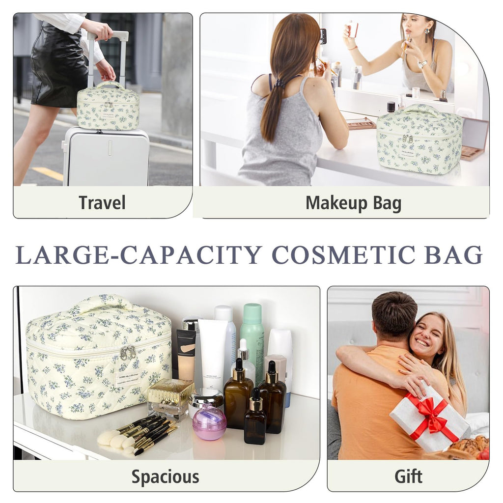 Gosect Large Travel Quilted Makeup Bag for Women,Big Floral Cotton Cosmetic Bag, Cute Coquette Aesthetic Floral Toiletry Organizer Bag (Blue Flower)