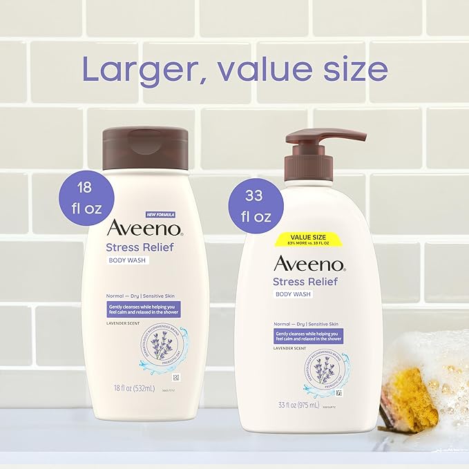 Aveeno Stress Relief Body Wash, Lavender Scent with Nourishing Prebiotic Oat, Sensitive Skin Body Wash for Normal to Dry Skin, Paraben-, Dye-, and Soap-Free, Value Size 33 Fl Oz