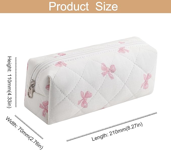 HHQQWZ Cute Floral Cotton Makeup Brush Cosmetic Bag for Women, Travel Quilted Zipper Make Up Bag, Flowers Toiletry Organizer Case Kawaii Makeup Cosmetic Travel Cloth Pouch (Pink Bow Tie)