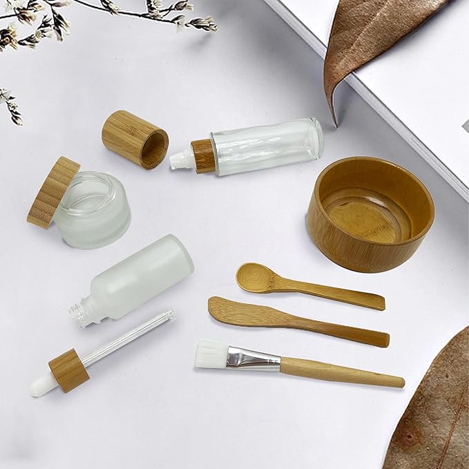 BEECO GIF2U Face Mask Mixing Bowl Set Bamboo,7 Pcs DIY Facemask Mixing Tool Kit with Facial Mask Bowl,Spatula,Spoon,Brush,Empty Refilable Lotion Pump Bottle,Cream Jar and Dropper Bottle for Skincare