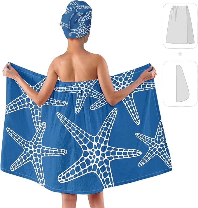 Starfish Towel Wrap for Women with Hair Turban – Quick Dry Microfiber Bath Skirt Set for Shower, Spa, Beach, Dorm – Adjustable Wrap Towel with Adjustable Closure