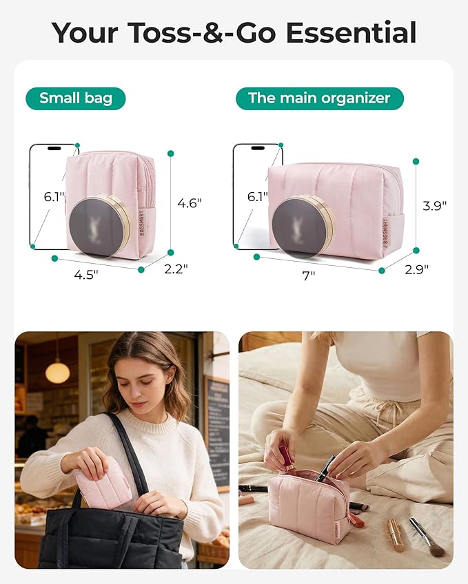 BAGSMART Makeup Bag Duo Set, Puffy Padded Travel Cosmetic Organizer with Slip-in Pockets, Large Toiletry Bag & Small Purse Pouch, Travel Essentials for Women, Baby Pink