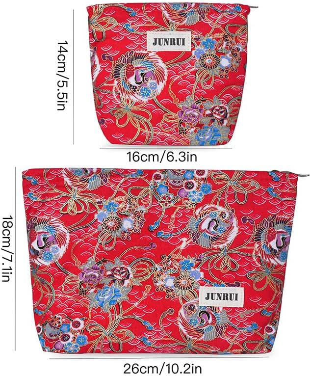 BOCGRPU 2 PCS Makeup Pouch Small Cute Japanese Style Cosmetic Bag for Women，Cotton Toiletry Bag Pouch for Purse，Gilding Craft Makeup Bag with Zipper（Red）