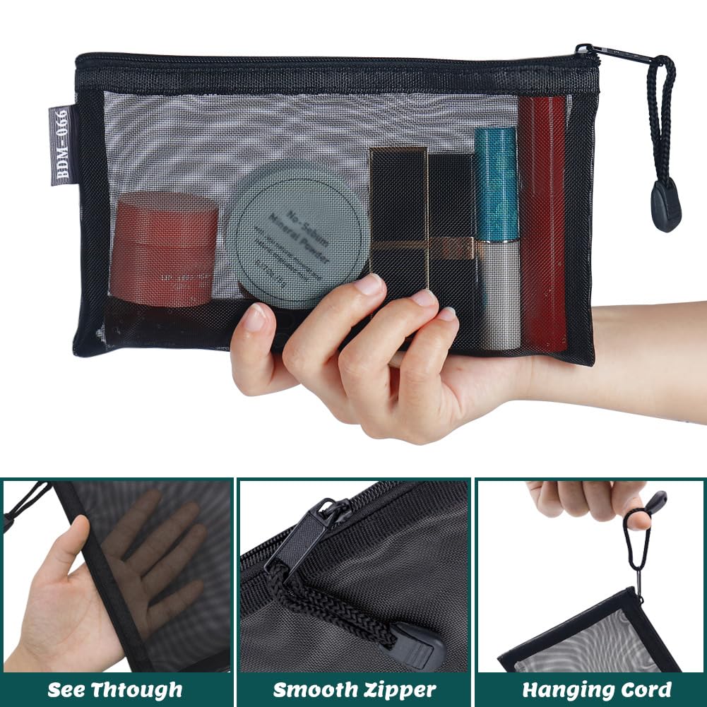 besharppin Small Mesh Cosmetic Bags, 6pcs Nylon Makeup Pouches with Zipper for Home Office Purse Diaper Bag (Black)