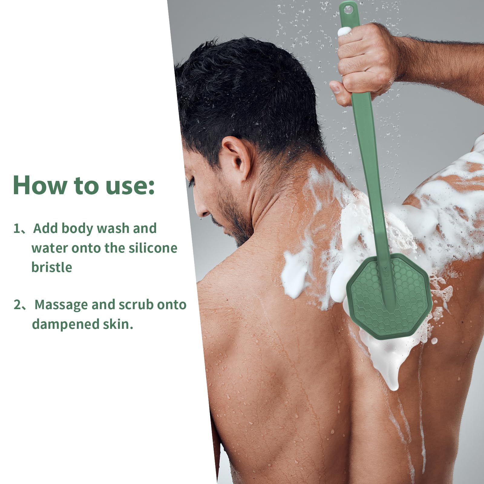 iTokGoK® Silver-Infused Silicone Back Scrubber with Long Handle Back Brush for Shower,Back Brush Long Handle for Men and Women,Ergonomic No-Slip Handle, Long-Lasting (Midnight Green)