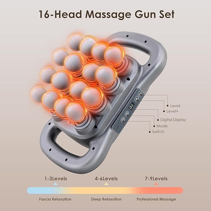 GAXEZO 16 Head Massage Gun Set, Deep Tissue Percussion Massager, Electric Massage Tools with 9 Styles & Levels, Dark Grey