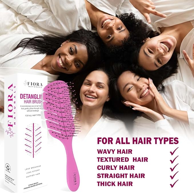 Detangler Brush by Fiora Naturals - 100% Bio-Friendly Detangling brush w/Ultra-Soft Bristles - Glide Through Tangles with Ease - For Curly, Fine, Black Natural, Women, Men, Kids - Dry and Wet Hair
