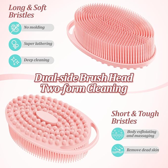 Upgrade Silicone Shower Foot Scrubber Mat & Silicone Bath Brush Set, Large Wall-Mounted Back Scrubber Back Washer to Clean, Exfoliate and Massage Without Bending(Pink+Soft Brush)