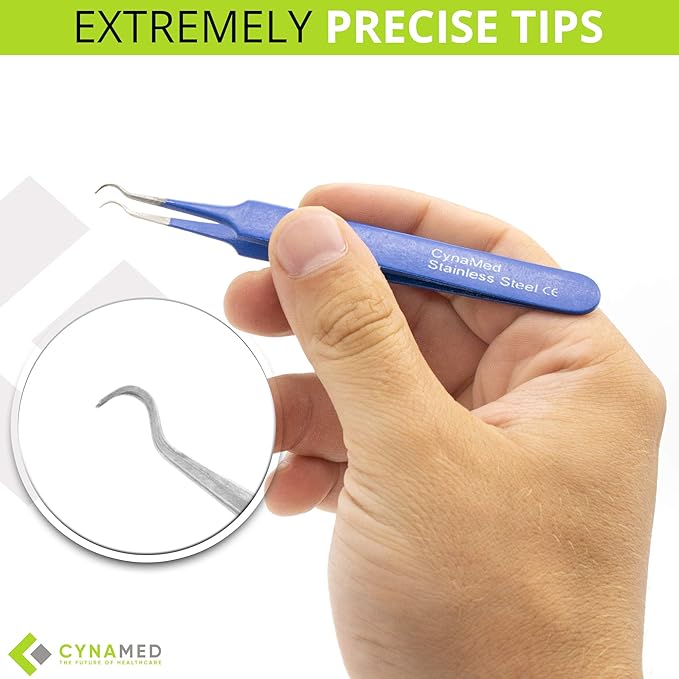 Blackhead Tweezer - Professional Curved Steel Tip Surgical Comedone & Splinter Extractor. Ideal Blemish & Acne Remover Tool Means Flawless Facial Skin (Blue)
