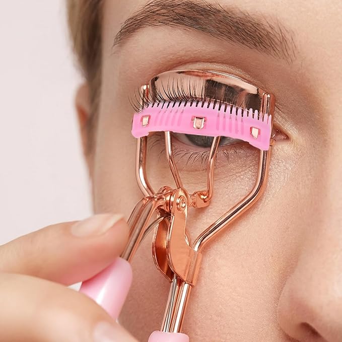 Beauty Eyelash Curler Stainless Steel Eye Lash Curler with 10 Silicone Refill Pads Professional Makeup Tool with Built-in Comb for Women Girls Any Eye Shapes