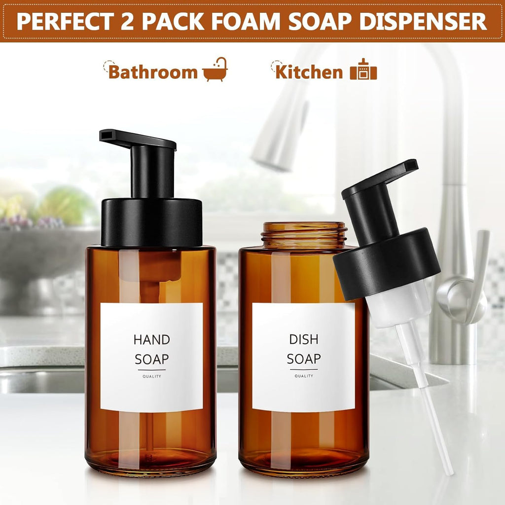 RYTOXILO Amber Foam Soap Dispenser, 10 oz/300ml Glass Foaming Soap Dispenser, 2 Pcs Foaming Hand Dispenser for Bathroom & Kitchen, Refillable Bottle with Waterproof Labels