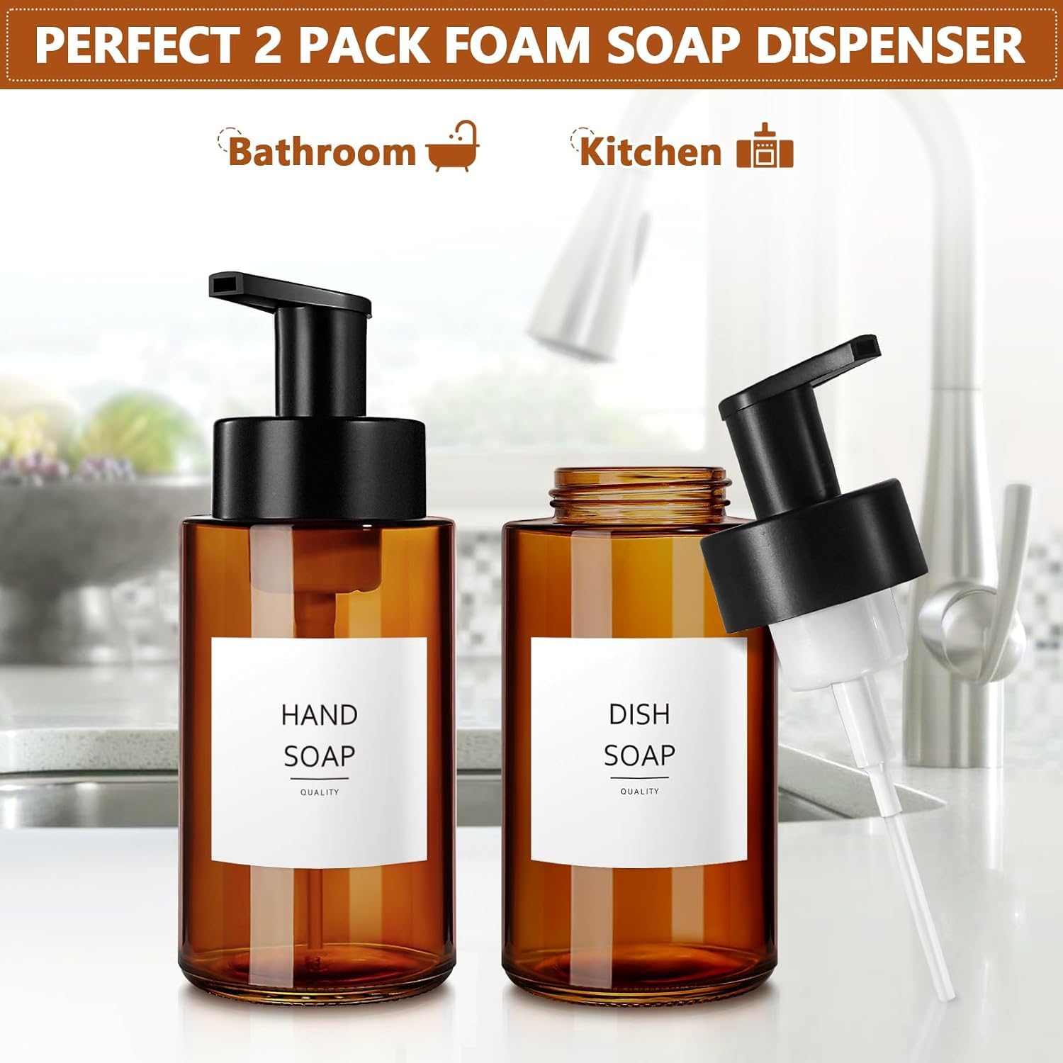 RYTOXILO Amber Foam Soap Dispenser, 10 oz/300ml Glass Foaming Soap Dispenser, 2 Pcs Foaming Hand Dispenser for Bathroom & Kitchen, Refillable Bottle with Waterproof Labels