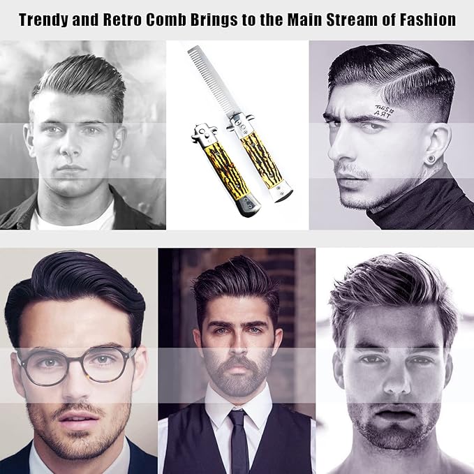 Folding Pocket Comb, Stainless Steel Beard Comb for Men, Switchblade Fine Tooth Mustache Combs Designed for Hair Salon Beauty Tool (Bone)