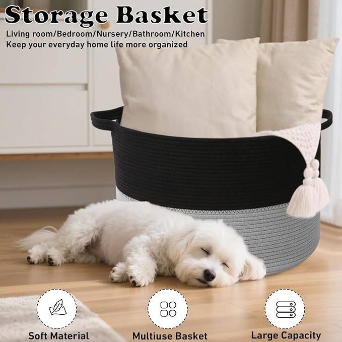 115L Large Blanket Basket,23.6"L x 23.6"W x 15.7"H Rope Woven Baskets with Handles, Toys Storage Bins,Laundry Basket Perfect for Living Room, Nursery,Bedroom,Home Organization,Black&Light Grey