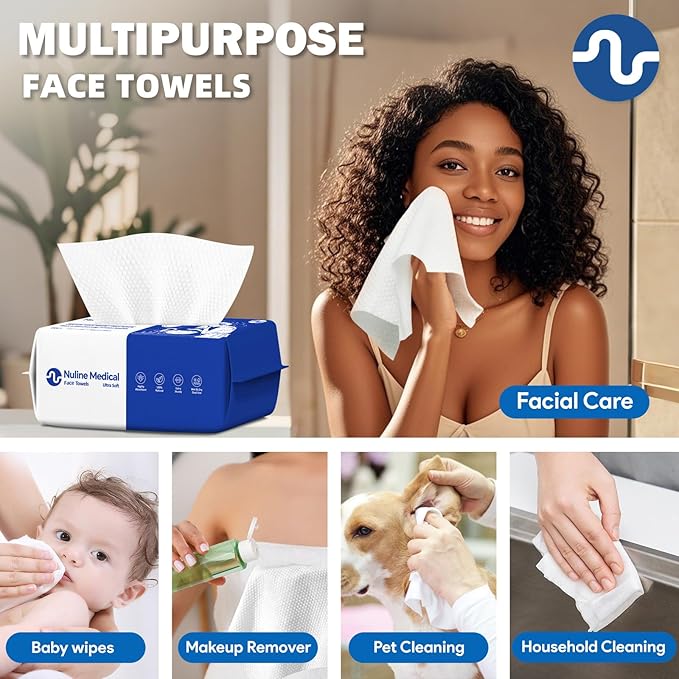 Disposable Face Towel, Biodegradable Facial Towels for Sensitive Skin, Ultra Soft Face Towelette for Women Cleansing, 7.87’’ x 7.87 ‘’ (2 Packs)