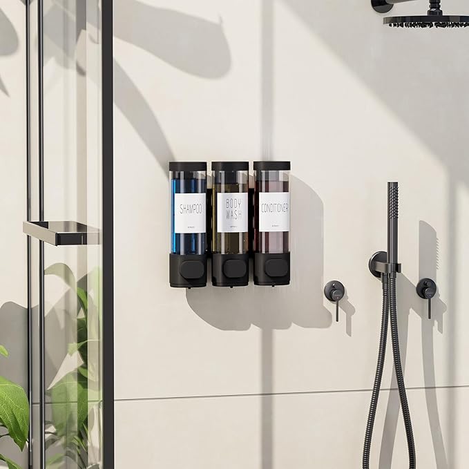 VITVITI Shampoo and Conditioner Dispenser for Shower Wall, Shower Soap Dispenser 3 Chamber No Drill Wall Mounted, 10.2 OZ Plastic Refillable Shower/Body Wash Bottles for Bathroom (Black)
