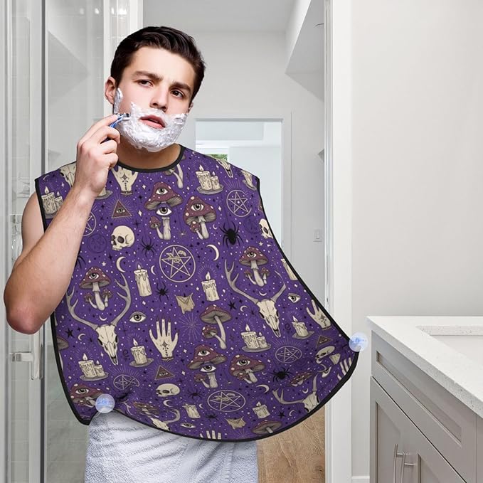 Beard Apron Hair Catcher, Witch Witchcraft Goth Skull Mushroom Shave Bib, Waterproof Non-Stick Shaving Bib, Trimming Grooming Tool for Dad Men Anniversary