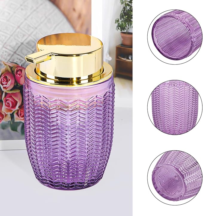 Purple Foaming Soap Dispenser, Glass Foam Hand Soap Dispenser with Gold Pump, Bathroom 10 Oz Refillable Liquid Lotion Pump Container Barrel Shape Bottle for Kitchen Countertop Decor