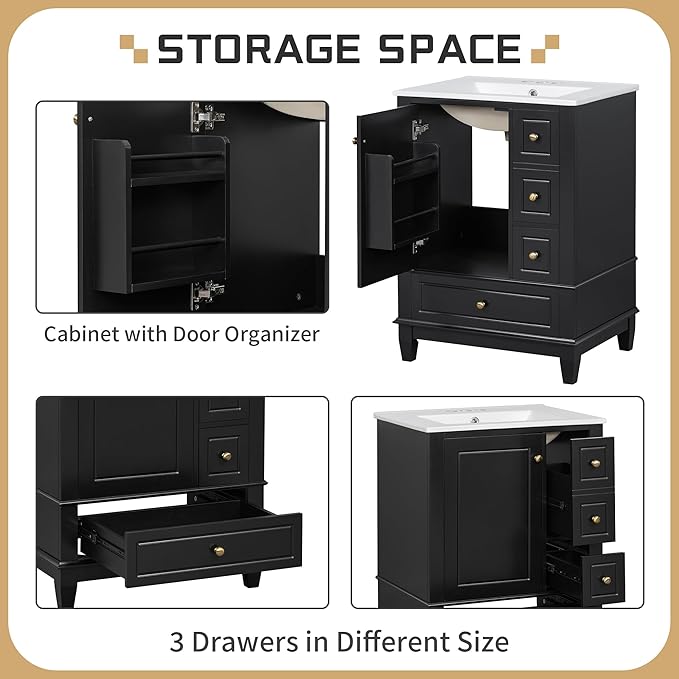 24" Bathroom Vanity with Sink, Harper & Bright Designs Free Standing Single Vanity Set with 3 Drawers and One Door with Storage Racks, Solid Wood Storage Cabinet with Ceramic Basin for Bathroom, Black