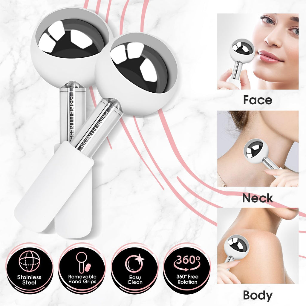 PRIME Fitness Ice Globes for Facials | Unbreakable Steel Cooling Roller | Cryo Sticks for Face | Massager for Face Neck & Eyes | Skin Care for Dark Circles, Puffiness, Wrinkles, (Silver)