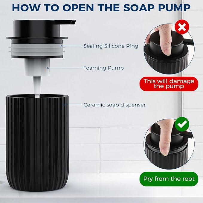 POSOSTO Ceramic Foaming Hand Soap Dispenser, 12 oz Bathroom Soap Dispensers, Lotion Dispenser for Kitchen, Refillable Matte Streaks Soap Dispenser with Large Pump (Black)