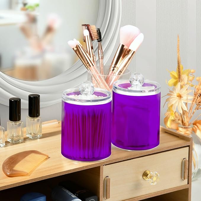 Purple Qtip Holder Organizer Dispenser Cotton Swabs Cans Plastic Jars with Lid Set 4 Pack Bathroom Storage Canister for Cotton Ball Floss Cotton Pads