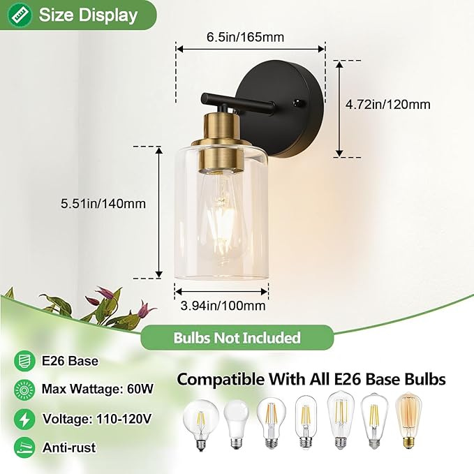 Zarbitta Set of 2 Wall Sconces for Bathroom, Black and Gold Modern Vanity Lights with Clear Glass Shade,Bathroom Wall Lamp for Mirror Kitchen Living Room Hallway Cabinet Porch