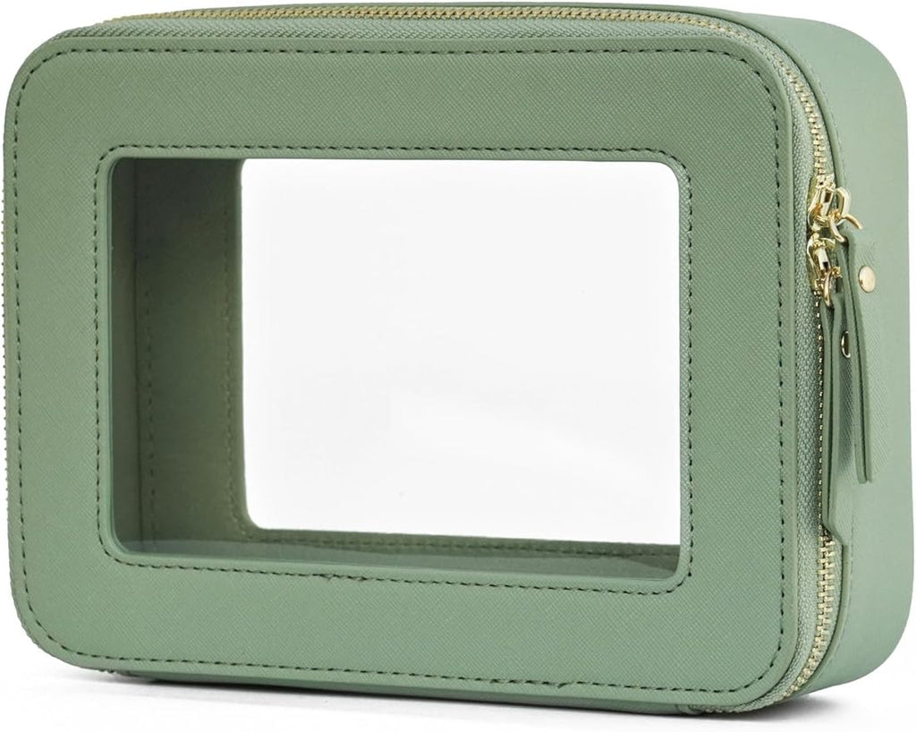 Popvibe Clear Makeup Bag Travel Cosmetic Case Transparent Toiletry Bag with Zipper, Portable Make Up Organizer Traveling Compact Car Bag for Essentials, Sage Green, Medium