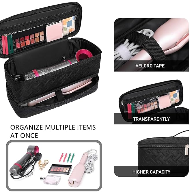 Double-Layer Travel Carrying Case for Revlon One-Step Hair Dryer Brush Volumizer Styler Shark FlexStyle Attachment Portable Storage Organizer Bag Hair Tools Travel Bag (Black)