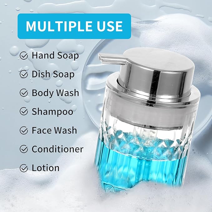 PLOUTA HOME Foaming Soap Dispenser,2 Pack Clear Glass Foam Hand Soap Dispenser for Bathroom, Refillable 8 Fl Oz Foamy Pump Bottle with Large Sliver Pump,Vintage Dish Soap Foam Dispenser