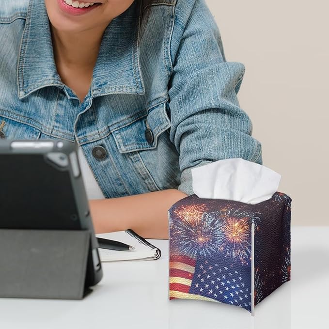 Firework American Flag Tissue Box Holder Square PU Leather Tissue Organizer Case with Metal Button Waterproof Napkin Holder for Home Office Car Automotive Decor