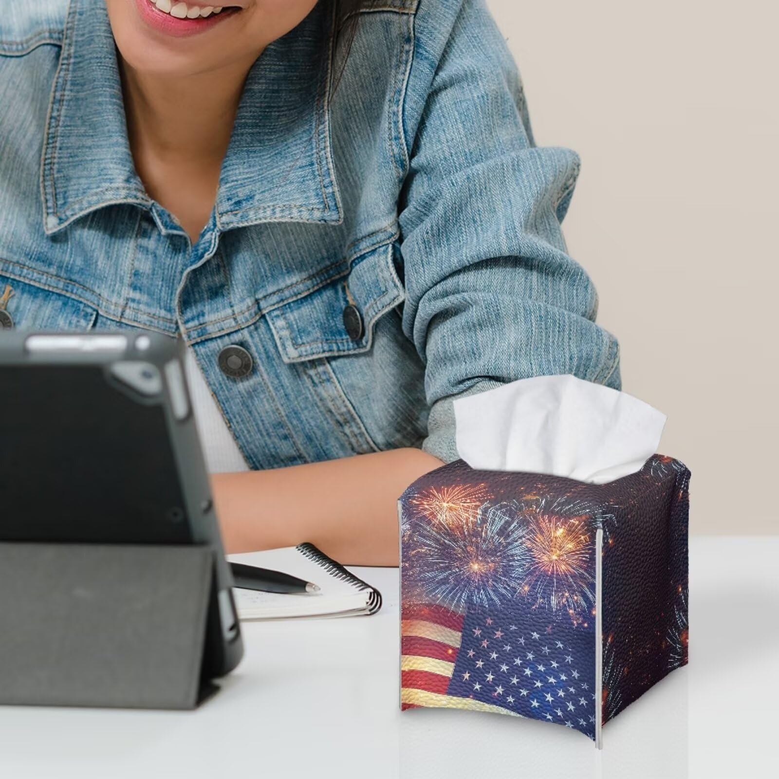 Pzuqiu Firework American Flag Tissue Box Holder Square PU Leather Tissue Organizer Case with Metal Button Waterproof Napkin Holder for Home Office Car Automotive Decor