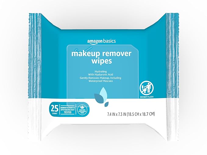 Amazon Basics Makeup Remover Wipes, Hydrating Facial Cleansing, Hyaluronic Acid, Dermatologist Tested, Plant Based, Alcohol-Free, Removes Waterproof Mascara, 25 Count, 2-Pack
