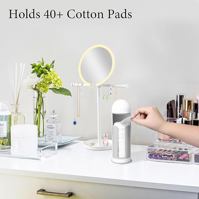 bodkar Cosmetic Cotton Pad Rounds Holder with Rotating Lid, Dust Proof Cotton Pads Dispenser Modern White Plastic Organizer Storage